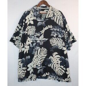 Tommy Bahama Silk Hawaiian Shirt Black Gray White Size 3X Palm 3XL Camp S/S Big